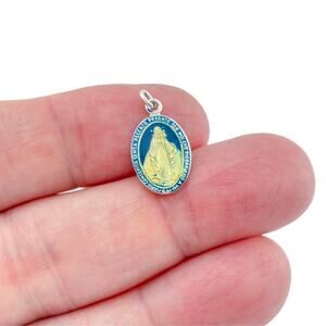 Vintage Sterling Silver 925 Blue Enamel Miraculous Medal Pendant